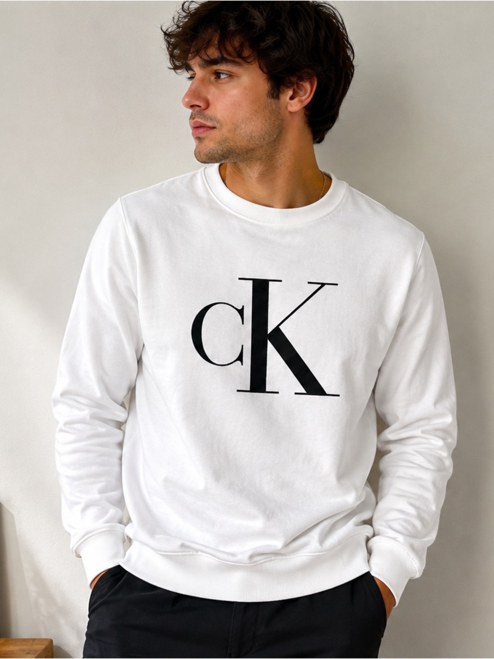 Calvin Klein White Crewneck Sweatshirt with Black CK Logo